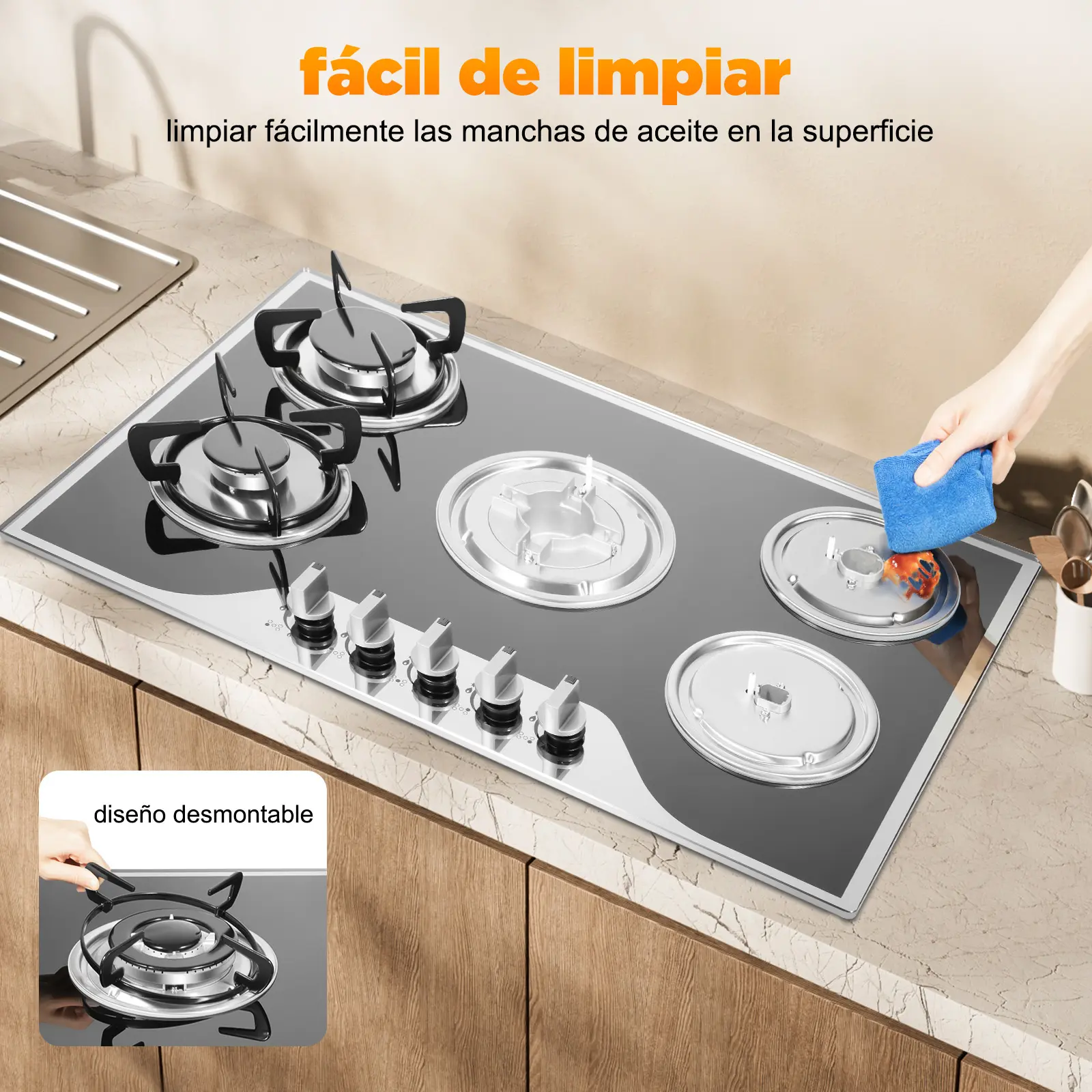 5-Burner Gas Stove Cooktop - 2025 Popular Rectangular Built-in Home Kitchen Model with 180° Fire Control, Electronic Pulse Ignition, 63% Thermal Efficiency, LPG/NG Compatible for Family Use, Built-In Type