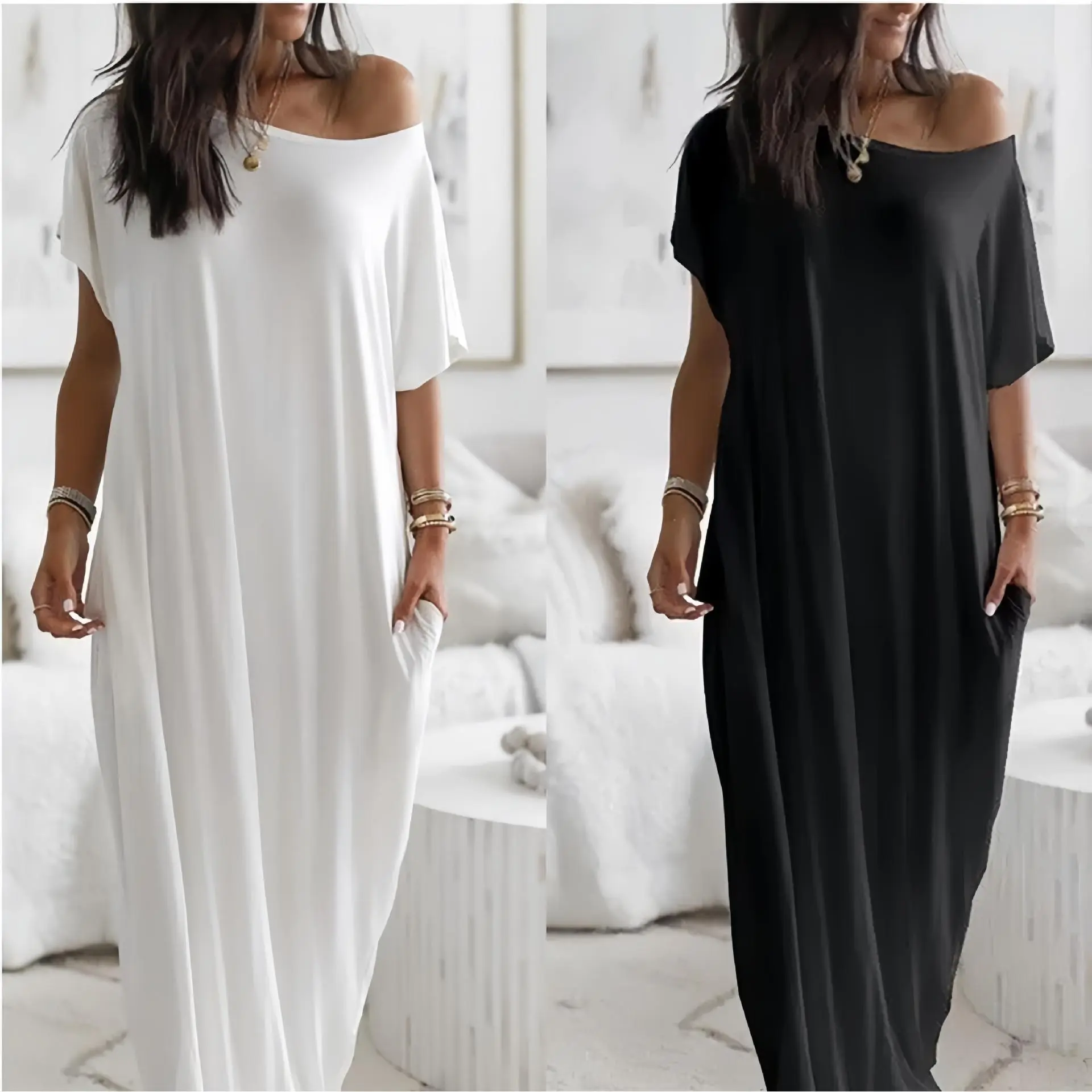 European and American summer new women's clothing solid color short-sleeved long casual dress