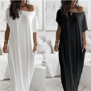 European and American summer new women's clothing solid color short-sleeved long casual dress
