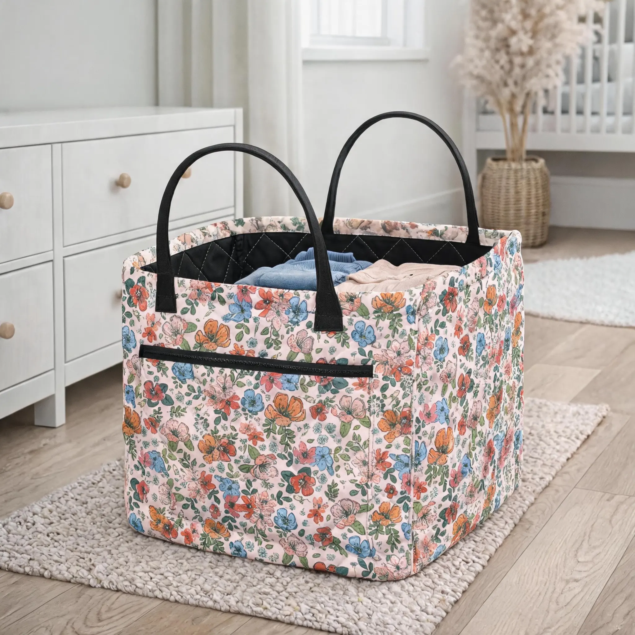 Floral Quilted Laundry Basket Car Storage Basket- Large Capacity Quilted Storage Basket Clothes Hamper Organizerwith Handles, Pockets, Soft Fabric Storage Bin for Dirty Clothes, Toys, Nursery, Mom Gift clothing book multi-purpose interior accessory
