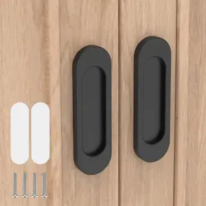 2 Pack Self Stick Sliding Door Handles,  Alloy 4 Inch Self Adhesive Cabinet Knobs for Push-Pull Glass Barn Doors, Closets, Wardrobes, Windows (2, Black)