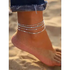 5PCS Silver Anklets For Women Waterproof Layered  Leaf Beaded  Chain Anklets Set Summer Beach Anklets For Women Teen Girls Jewelry Gifts
