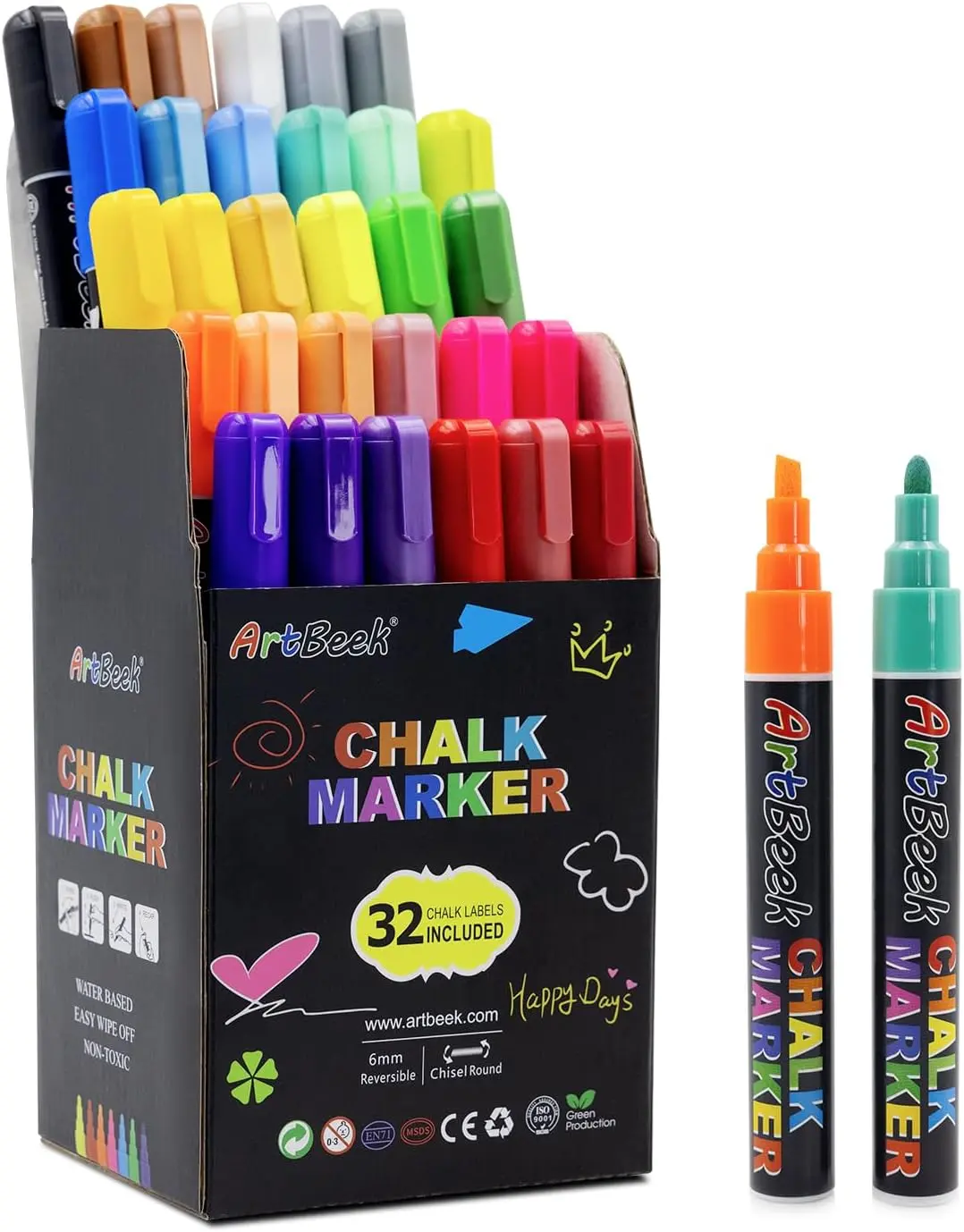 ArtBeek 30 Colors Liquid Chalk Markers Erasable Non-Toxic with Reversible Tips for Hand Lettering and Freestyle Designs on Chalkboards or Whiteboards