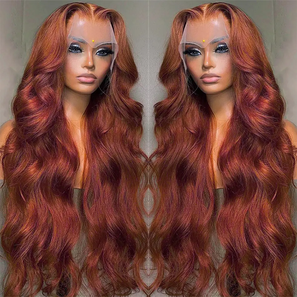 Bling Hair Dark Ginger Reddish Brown Body Wave 13x4 13x6 Hd Lace Frontal Human Hair Wig Brazilian Wavy Pre Plucked Transparent Lace Color Wig for Black Women with Baby Hair 34inch #SummerVibes