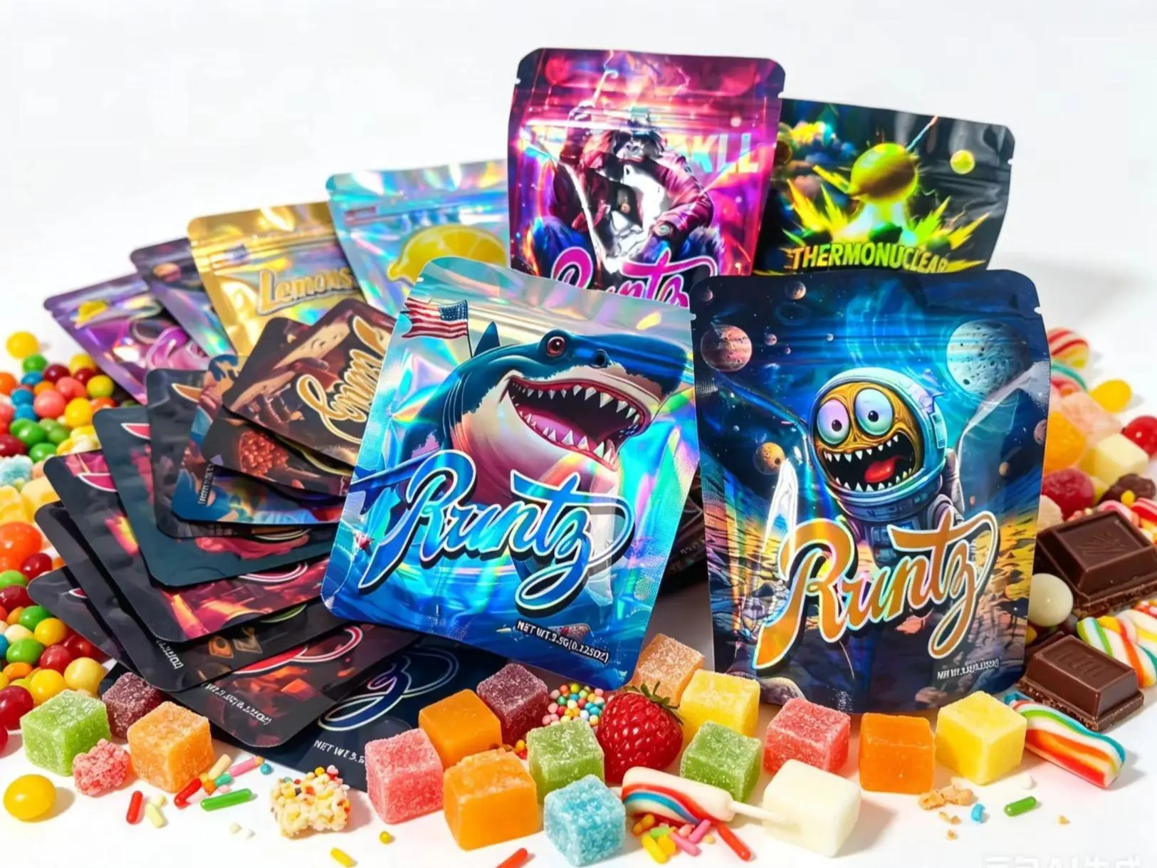 100/200 Pack Runtz Holographic Mylar Ziplock Bags, 3D Laser Printed Resealable Candy Pouches, Decorative Gift Bags for Birthday Holiday Party Favor Packaging Supplies