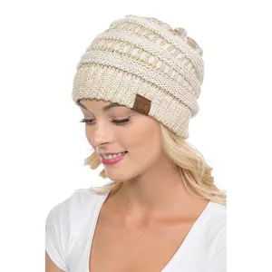 Thick Warm Slouchy Metallic Cable Knit Beanie with Metallic Accents for Women - C.C Winter Hat Cap 20AM