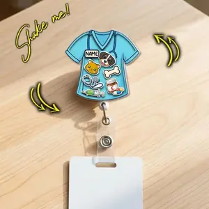 Custom Nurse Vet Tech Shaker Badge Reel with Name, Scrub Top Personalized ID Holder