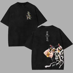Men's Acid Wash Demon Slayer Graphic Tshirt, Distressed Tengen Uzui Anime Tee with Short Sleeves and Round Neck