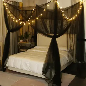 Canopy Bed Curtains with Lights,Elegant Bed Canopy Curtains Bed Netting for Full Queen King Size Bed,Halloween Decoration,Gothic Room Decor Aesthetic