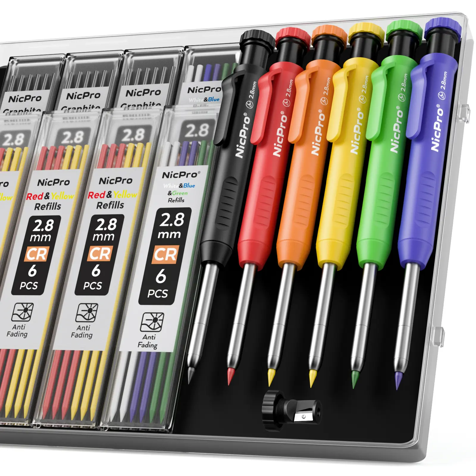 Nicpro 6 Pack Carpenter Pencil with Sharpener, Mechanical Pencils Set with 52 Refills, Deep Hole Marker Construction Heavy Duty Woodworking Pencils - With Case