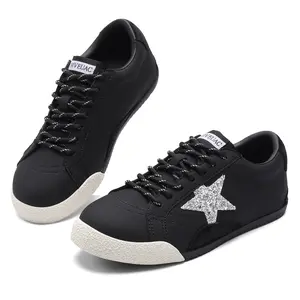 Women's Genuine Leather Star Casual Training Girl Sneakers - Trendy Glitter Low-Top Walking Shoes with Comfortable Rubber Sole