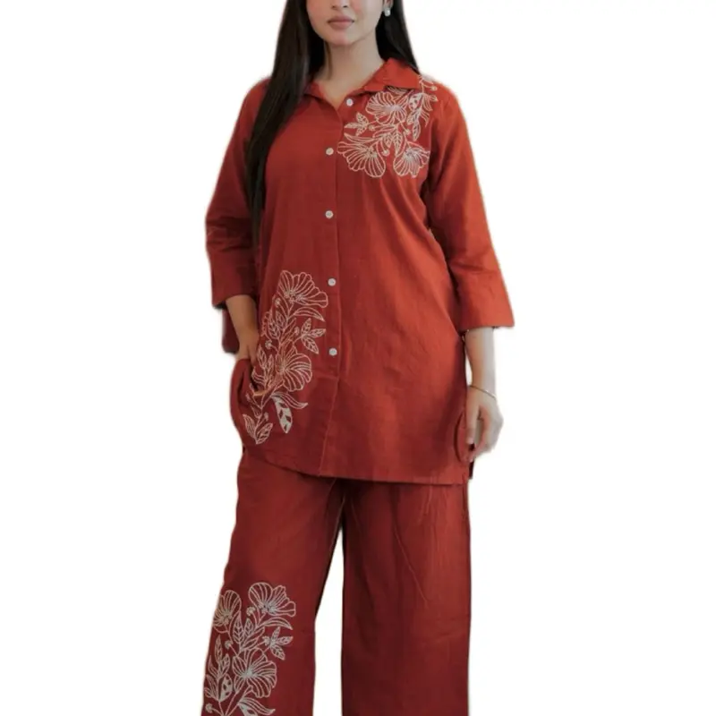 Women's 2-Piece Set - Red Floral Embroidered Top & Pants - Comfortable & Stylish Outfit for Casual Wear