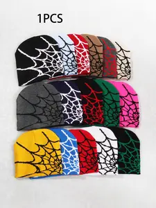 Men's Letter Spider Web Jacquard Knit Hat, Comfortable Halloween Hat Set, Fashion Hats, Fashion Warm Headwear for Fall & Winter Seasons
