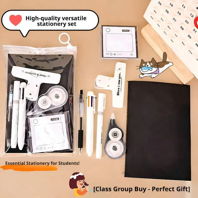 1 7-piece stationery set, Desk supplies, School supplies, simple design. Includes correction tape, sticky notes, book clips, ballpoint pens, markers, A5 spiral notebook. Suitable for classroom rewards and holiday gifts