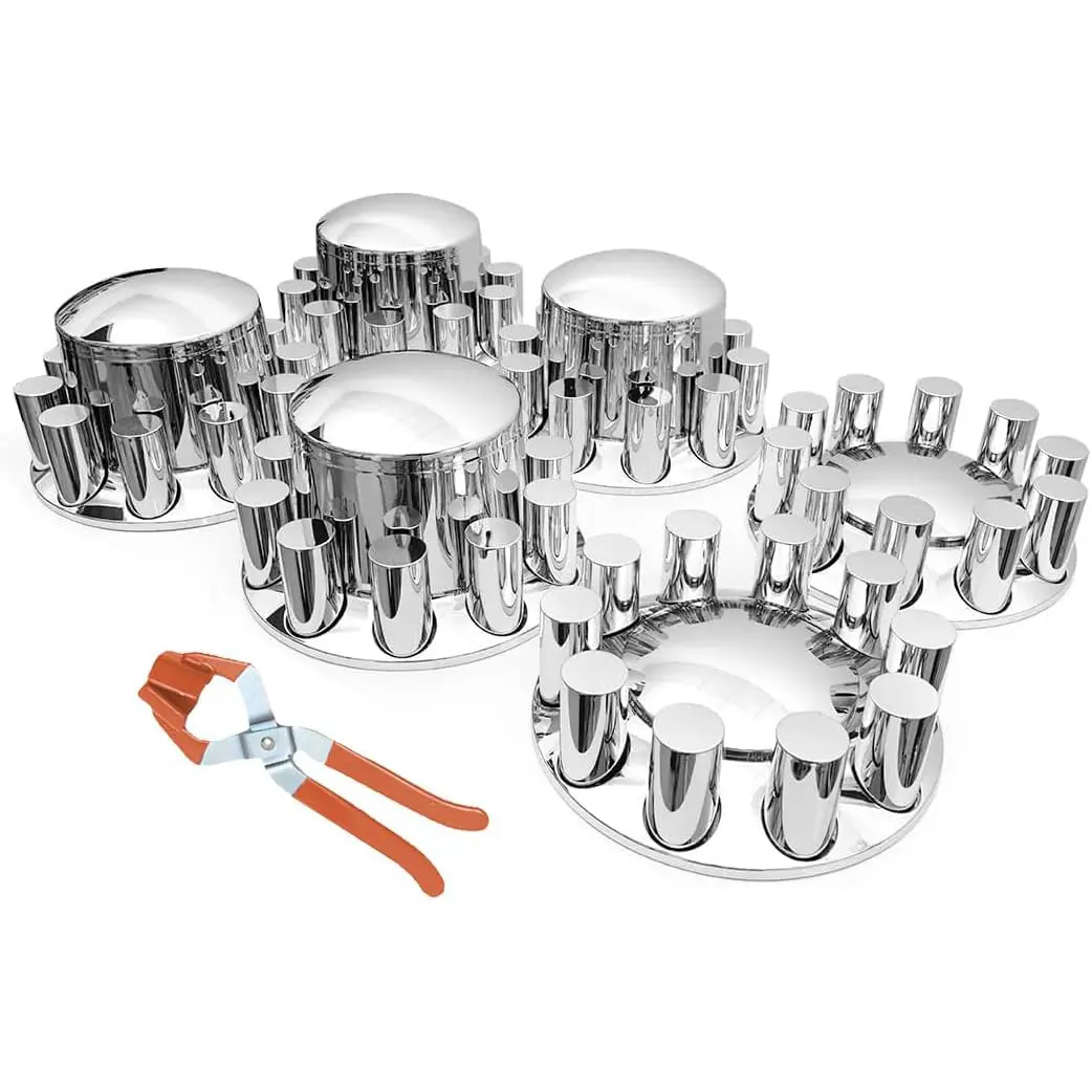 Complete Chrome ABS Axle Cover Kit, 2 Front and 4 Rear Wheel Covers Removable Hub Caps with 33mm Flat Nut Cover for Semi Trucks(Installation Tool Included)