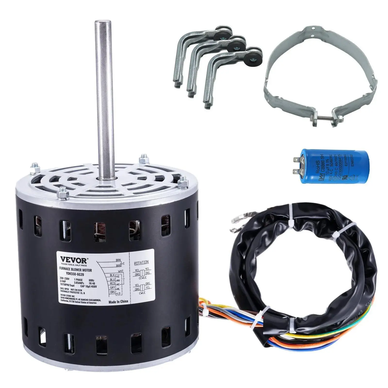 【DealsForYouDays】VEVOR 3/4HP Furnace Blower Motor, 208/230V 3.85Amps, 1075RPM 5 Speeds, CW/CCW Rotation, 48 Frame 4.8" Shaft Length, 10μF/450V Capacitor + 11" Hold Hoop