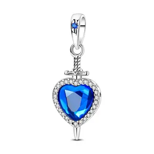 MULA Deep Blue Heart Gemstone and Dagger Pendant, S925 Silver Plated with Shiny CZ, can be matched with Pandora bracelets and necklaces, a romantic gift for women and girls