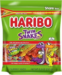 HARIBO Gummi Candy, Twin Snakes Sweet & Sour Gummy Candy, 8.3 Ounce Resealable Share Size Stand Up Bag, Soft & Chewy Snacks, Assorted Fruity Flavors