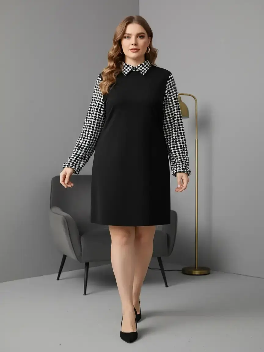 Women's Plus Size Long Sleeve Collared Knit Dress, Spring Houndstooth Patchwork Design, Elegant Classic Style Casual Wear, Perfect for High-End Clubs Aesthetic, Lady, Womenswear
