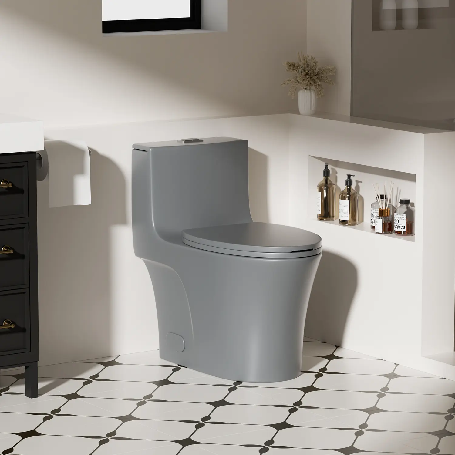 One-Piece Elongated Toilet with Dual Flush, Soft-Closing Seat, ADA Height, Light Grey Ceramic, 12" S-Trap