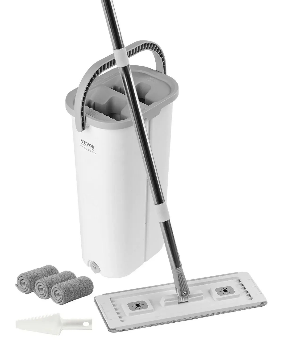【toolupgrade】【Auction】VEVOR Cleaning Mop and Bucket Set with Removable Wringer, Wet/Dry Use, Flat Mop with Stainless Steel Handle, 3 Washable Microfiber Pads, Household Deep Cleaning House Supplies for Hardwood Tile Vinyl