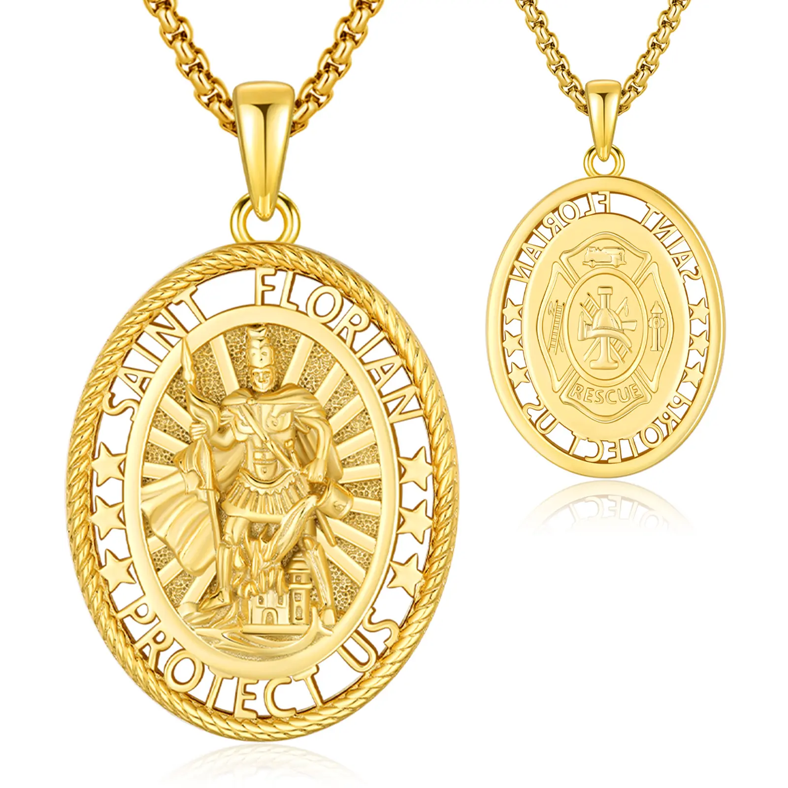 DRINSPER S925 Sterling Silver Bravery Fireman Necklace, Golden St Florian Pendant for Firefighters, Bravery Necklace