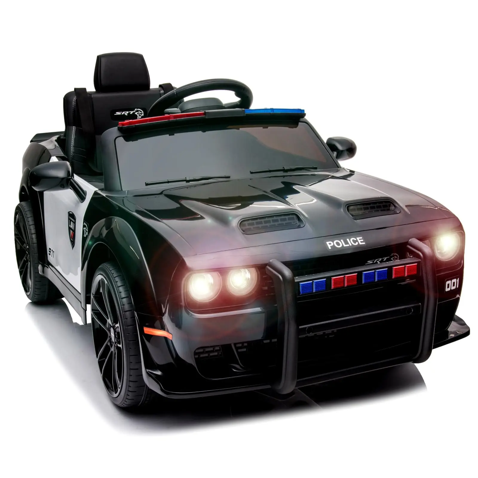 GARVEE Licensed Dodge Challenger 12V Police Design Battery Powered Toddler Car, 3-4Y Kids Outdoor Play Toy with Bluetooth RC, LED Headlights, Real-Time Battery Level Display, MP3, Open-Close Doors, Ride-On Wheels, Realistic Look, Safety Belt Option