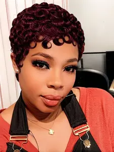 Short Wave Human Hair Wig, Full Machine Made Natural Curly Pixie Wigs for Women, Retro Style with Defined Curls, Crimped Wigs