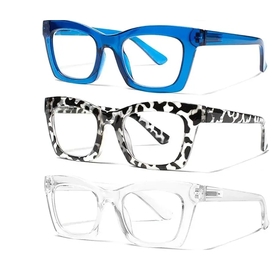 ZOELEAD Reading Eyeglasses for Women, 3-Pack Oprah Style Oversize Square Frames, Full Rim with Spring Hinge, Blue Light Blocking Non-Prescription for Daily Use, Mix Color, Resin, Blue Lens