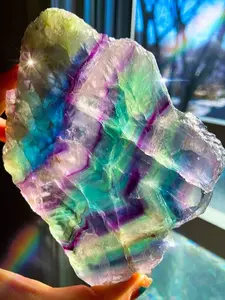 1PC Beautiful Colorful Rainbow Fluorite Slabs,Multicolour Fluorite Crystal Polished Slab, Creative Gifts and Specialty Jewelry Accessories, Perfect Home Collection Art Decoration, Unique Holiday Gift, Ideal Gift for Crystal Collectors., Natural Gemstones
