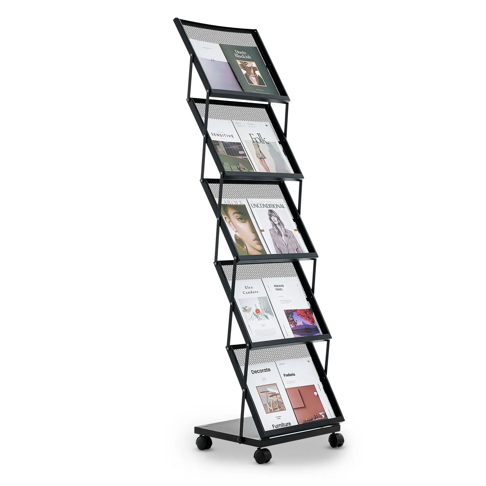 VEVOR Corrosion-Resistant 5-Layer Adjustable Compartment Metal Magazine Rack Organiser, Foldable 5-Pocket Floor-Standing Literature Display Stand with 2-in Casters & Brakes for Shops, Hotels, Schools