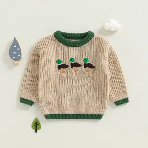 Toddler Baby Boy Fall Sweaters Long Sleeve Round Neck Mallard Duck Embroidery Tops Kids Boys Hunting Knit Sweatshirts