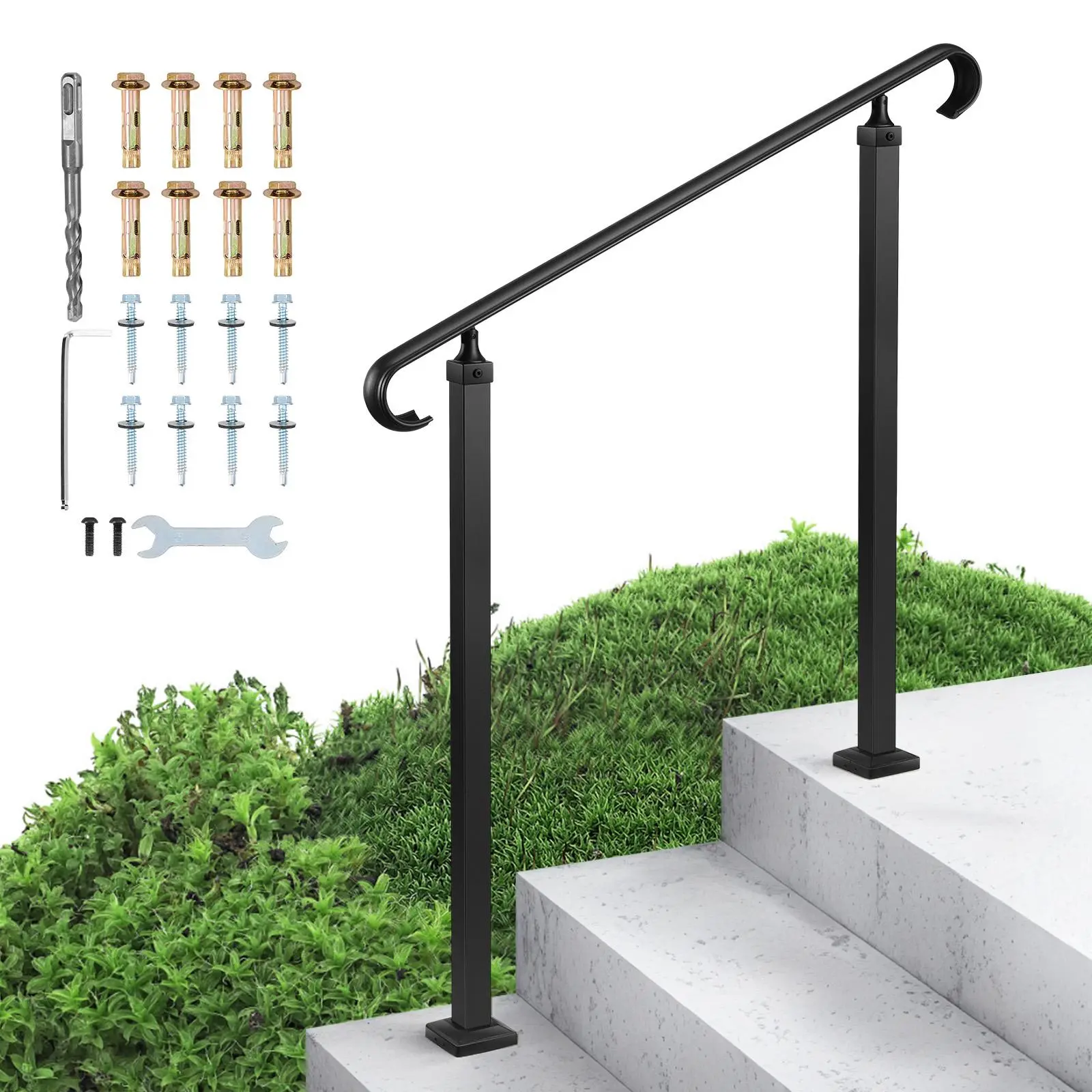 【SummerFinds】VEVOR Handrails for Outdoor Steps,  , 2-3 Step Adjustable Height, Carbon Steel Transitional Handrail with Installation Kit, Exterior Hand Railing for Steps, Concrete or Wooden Stairs, Porch, Matte Black