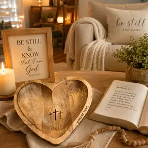 Prayer Bowl with 30 Cards Heart Wooden Christian Gifts for Friend Decor Bowl Mothers Day Gifts Birthday Religious Gift for Mom Dad Daughter or Husband Ornaments Log Color child boys girl Decorative Statue  Mini  Ornament Set