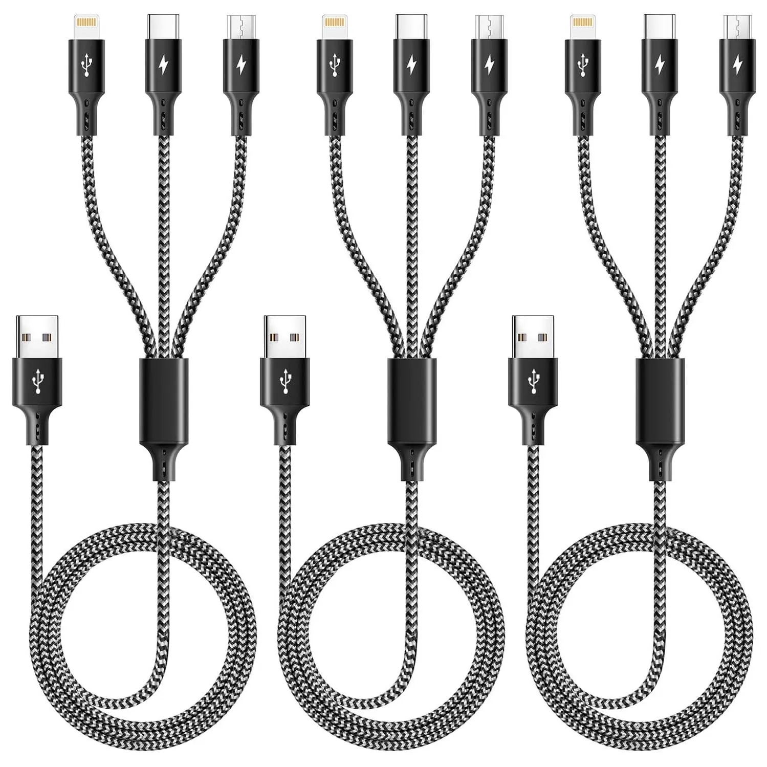 3 in 1 Multiple Charging e-marker chip Cable(2Pack 4Ft), Braided Multi Charger Cord Fast Charging Cable Universal USB Cable with Type C/Micro USB Port for Cell Phones, iPhone 16 15 14 13 Series (3, Black, 4Ft)
