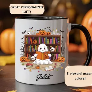 Personalized Halloween Ghost Mug | Cute Ghost Reading Books Coffee Cup | Custom Name Book Lover Gift | Spooky Fall Mug for Readers, Bookworm 