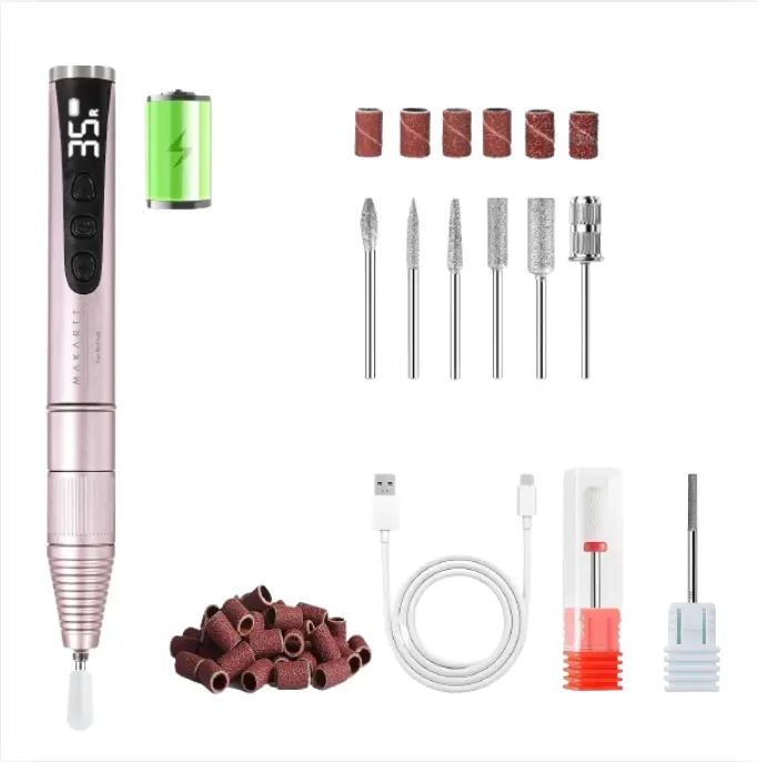 Makartt Professional Electric Nail Drill Kit - 35000RPM Rechargeable Lightweight Travel Size Manicure Tool with LED Display, USB Cable, Tungsten Carbide Bit, 6 Sanding Bands, 7x3/32” Drill Bits for Acrylic Nails, Gel Polish, Low Noise Minimal Vibration, N