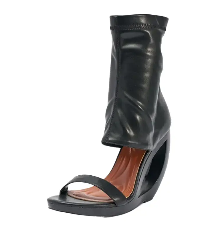 Women's Cutout Wedge Heel Ankle Boots with Open Toe Back Zipper Faux Leather High Fashionable Party Dress Shoes