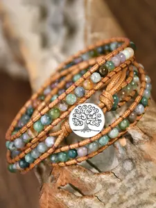 Boho Style Natural Agate Beaded Bracelet, Gifts for Her, Fashionable Tree Of Life Charm Decor Bracelet for Women & Men, Trendy All-match & Exquisite Jewelry for Birthday Gift