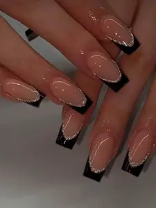 24pcs Long Coffin-Shaped Black French Manicure Nail Stickers, Enhance Your Fashion Sense! Minimalist & Unique Style, Durable & Reusable. Set Includes 1pc Jelly Gel And 1pc Nail File, Suitable For Women & Girls For Daily Wear Or Parties