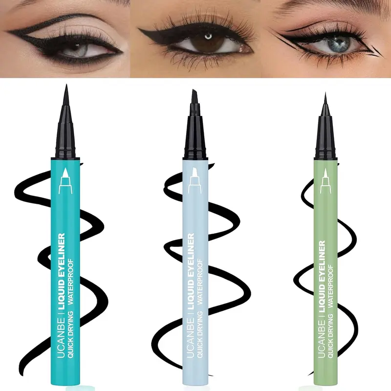 UCANBE 3pcs Black Liquid Eyeliner Kit - Different Sleek Brush Tips for Precision: Micro Fine, Slim Angled, and Thick Marker. Waterproof, Long-Lasting (24H), Quick Dry, Smudge-Resistant, Perfect for Daily & Bold Looks, Festivals, Parties, and Gifts