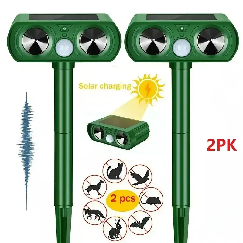 2-Pack Solar Ultrasonic Animal Repellent with Flashing Lights - Deters Deer, Rabbits, Squirrels & More - for Yard/Garden/Farm, Easy Install & Durable