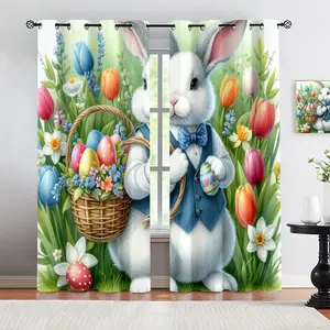 Easter Bunny in Vest Curtains, Watercolor Floral Egg Basket Design, Ideal for Holiday Décor & Home Window Treatment