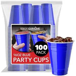 16-Ounce Plastic Party Cups in Blue (100 Pack) - Disposable Plastic Cups - Recyclable - Blue Cups with Fill Lines - Reusable Plastic Cups for Drinks, Soda, Punch, Barbecues, Picnics - Stock Your Home