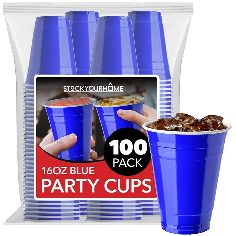 16-Ounce Plastic Party Cups in Blue (100 Pack) - Disposable Plastic Cups - Recyclable - Blue Cups with Fill Lines - Reusable Plastic Cups for Drinks, Soda, Punch, Barbecues, Picnics - Stock Your Home
