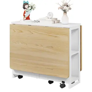 White Foldable Rectangle Dining Table - Compact, Space-Saving, Collapsible, Expandable, 6-Wheel, 2-Layer Storage Shelf for Dining, Kitchen Rooms, Two-Shelf