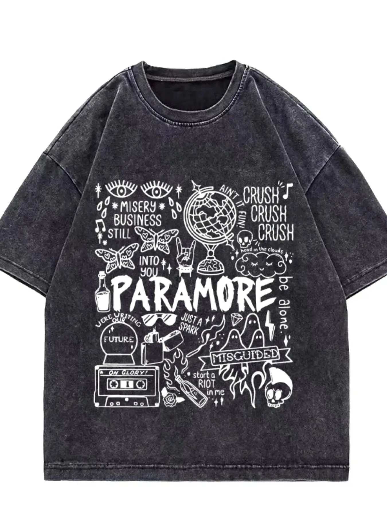 Vintage Washed Black | Paramore Graffiti Rock Graphic Print Oversized Crewneck T-shirt Worn in Emo Cool Casual Streetwear: Paramore Retro Washed Short Sleeve