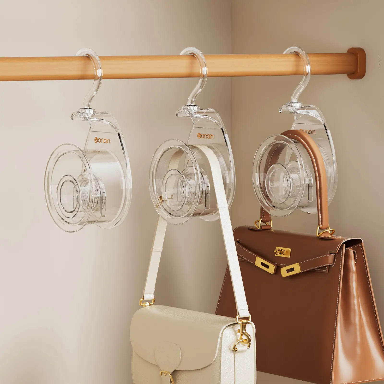 Plastic Multi-functional Circular Women's Purse Holder Organiser for Bag Storage - Hanging Teardrop Shape to Prevent Pinching, 360° Rotating for Easy Access, Detachable Scent Box for Moisture Control & Freshness, Sticky Hook