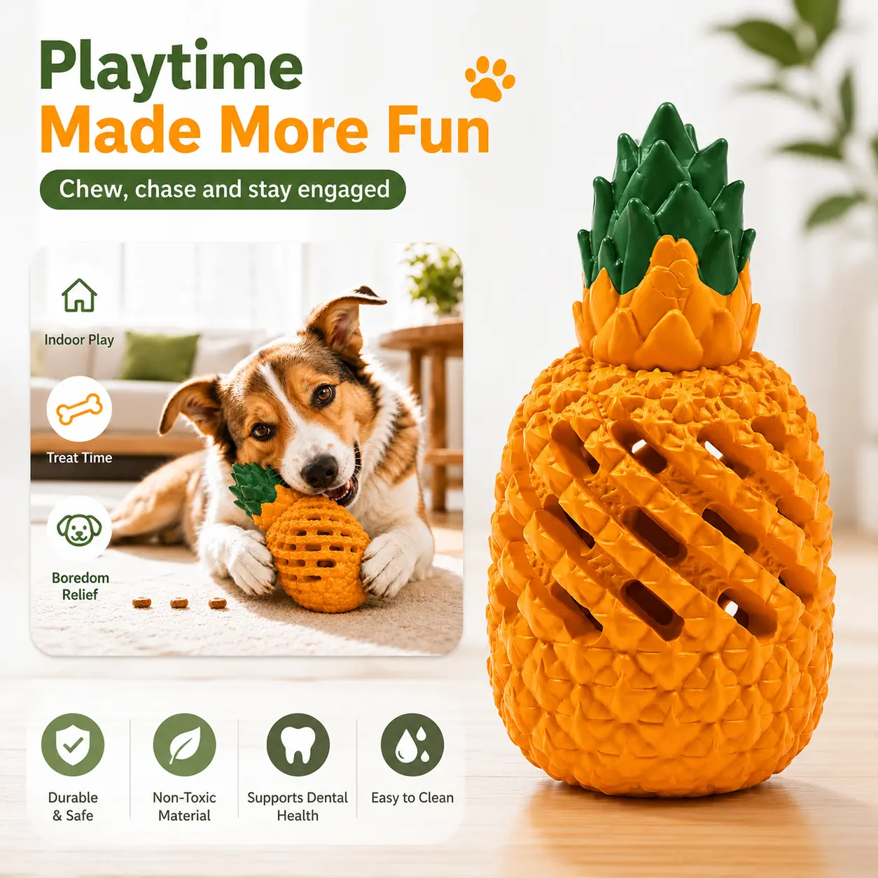 Pineapple Dog Chew Toy with Treat Dispensing Openings, Textured TPR Interactive Enrichment Toy for Medium Dogs, Indoor & Outdoor Play puzzles seek product