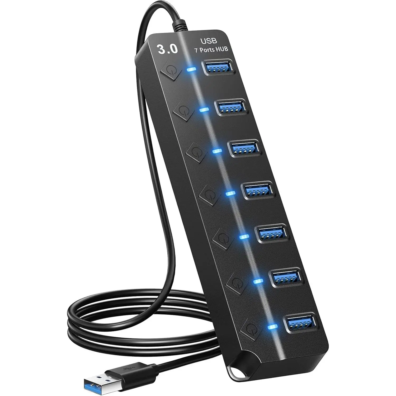 7-Port USB 3.0 Hub Splitter with Individual On/Off Switches, Lights, 3.2ft/1m Cable, Extra Power - Compact & Portable, Easy to Use for Laptops, Flash Drives, Mobile HDDs, PS4 - Ideal for Travel, Work